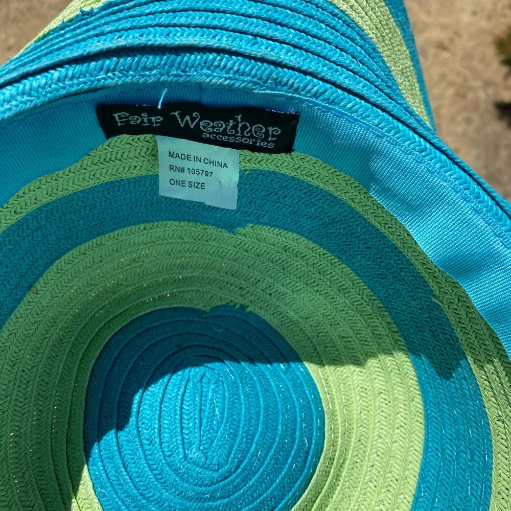 Fair Weather Blue and Green Striped Wide-Brim  Sun Hat - Picture 3 of 9